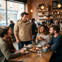 Beige hooded jacket worn by a person in a coffee shop