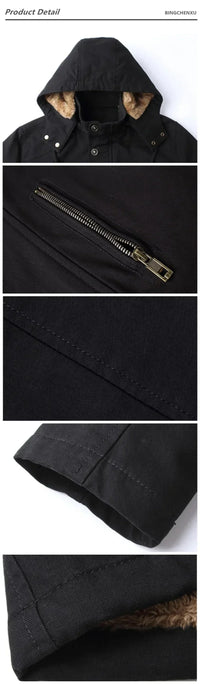 A black hooded jacket shown in a product detail collage, featuring close-up views of the hood with light brown fur lining, a front zipper, fabric texture, and a cuff.