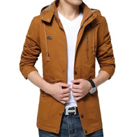 Brown jacket with fur hood worn by a person on a light gray background.