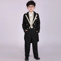 England Style Tuxedo Suits Boys Clothes Set Kids Formal Wedding Blazer Swallow-tailed Coat Kids Party Bow Tie Clothing 5PCS/Set