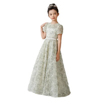 Girls' O-neck Rhinestone Flower Lace Dress
