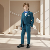 The image of a child wearing a blue suit with a white shirt and blue bow tie on a light gray background.