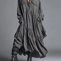 Women's Casual Dresses New Vintage Solid Loose Pleated Bohemian Long Dress 2026 Spring Long Sleeve Button Lapel Shirt Maxi Dress