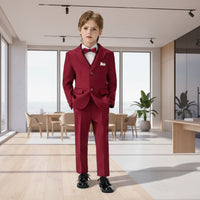 Child wearing a red suit with a white shirt and black shoes, shown from front and back views.