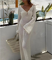 Women's Hollow Out Deep V-neck Long Sleeve Bikini Cover Up Beachwear Dress