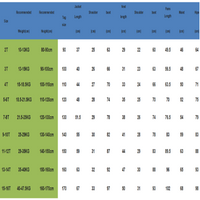 Size chart for jackets with weight and height recommendations on a blue background
