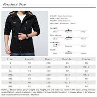 A product size chart and sizing table for a men's hooded jacket. The left side shows a model wearing the jacket in khaki black green, while the right side lists color, size, fabric, and fit measurements for sizes M through 5XL, with a size slider graphic.