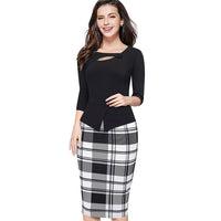 Women's Autumn Patchwork Button Back Zip Three Quarter Dress