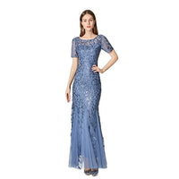 Women's Lace Appliques Tulle Short Sleeve Evening Dress