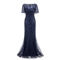 Women's Lace Appliques Tulle Short Sleeve Evening Dress