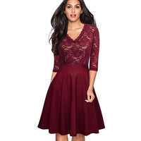 1950's Swing Fashion Elegant Lace Ruffle V-neck Flare Three Quarter Sleeve Dress