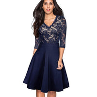 1950's Swing Fashion Elegant Lace Ruffle V-neck Flare Three Quarter Sleeve Dress