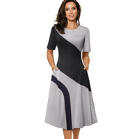 Women's Spring Retro Contrast Color Patchwork A-line O-neck Dress