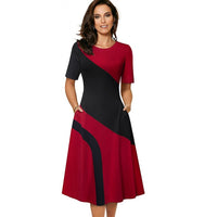 Women's Spring Retro Contrast Color Patchwork A-line O-neck Dress