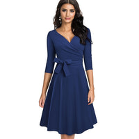 2021 Women's New Spring Pure Color with Sash Retro Dress