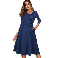 Women's Spring Solid Color with Button Retro Elegant Dress