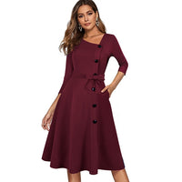 Women's Spring Solid Color with Button Retro Elegant Dress