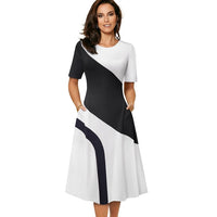 Women's Spring Retro Contrast Color Patchwork A-line O-neck Dress