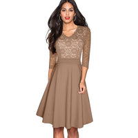 1950's Swing Fashion Elegant Lace Ruffle V-neck Flare Three Quarter Sleeve Dress