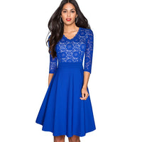 1950's Swing Fashion Elegant Lace Ruffle V-neck Flare Three Quarter Sleeve Dress