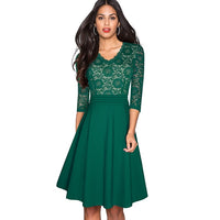 1950's Swing Fashion Elegant Lace Ruffle V-neck Flare Three Quarter Sleeve Dress