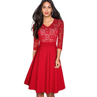 1950's Swing Fashion Elegant Lace Ruffle V-neck Flare Three Quarter Sleeve Dress