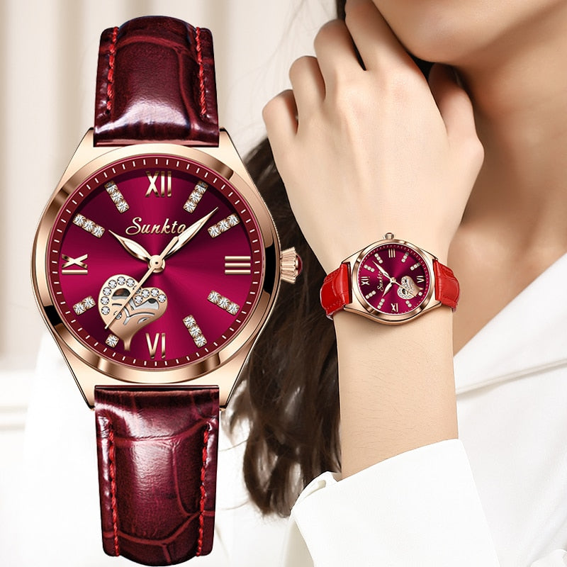  OUPINKE Diamond Watches for Womens Luxury Red Leather