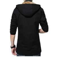 A men's black hooded jacket shown in a product photo. The photo shows the jacket worn with a jeans pant.