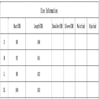 Size chart for clothing with measurements in centimeters