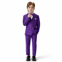 A boy wearing matching purple/violet suit on a white background
