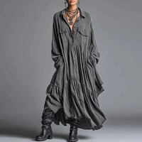 Women's Casual Dresses New Vintage Solid Loose Pleated Bohemian Long Dress 2026 Spring Long Sleeve Button Lapel Shirt Maxi Dress