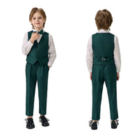 Child wearing a green vest and pants set with a white shirt, front and back views on a light gray background.