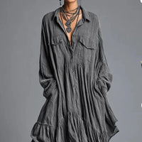 Women's Casual Dresses New Vintage Solid Loose Pleated Bohemian Long Dress 2026 Spring Long Sleeve Button Lapel Shirt Maxi Dress
